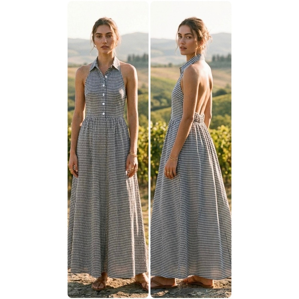 Reformation Gingham Linen Halter Maxi Dress Navy White Open Back Size 0